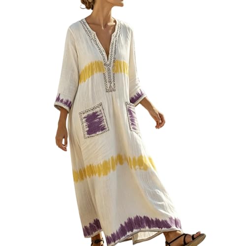 Robe longue femme en coton et lin : caftan d'été ample col en V