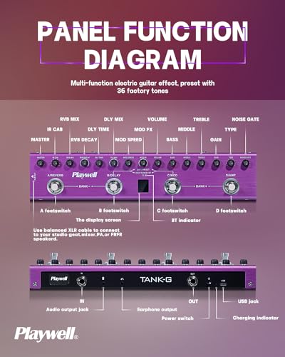 Playwell Multi Effects Guitar Pedal TANK-G,Digital Electric Guitar Effector with 36 Editable Presets,Chorus,Delay,Reverb,MOD,IR Loading,Recording,Tuner,Built-in battery,BT connection