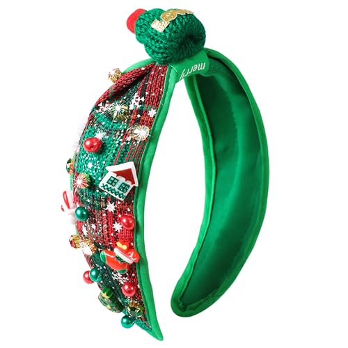 Gmmidea Christmas Plaid Knotted Headbands for Women Girls Xmas Hat Santa Snowflake Jeweled Headband Beaded Crystal Top Knot Festive Headband Christmas Costume Accessories