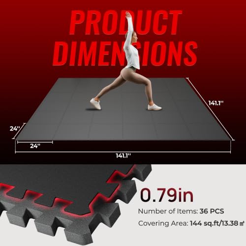 Image of SUPERJARE 0.79'' Extra-Thick Exercise Equipment Mats, 36 Pcs 144 Sq Ft Rubber Top Floor Tiles with High Density EVA Foam, Interlocking Gym Flooring for Home Gym, Workout Mat, Black