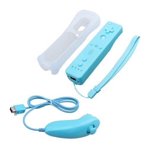 fitTek Game Remote + Nunchuk Nunchuck Controller + Silicone Skin for Nintendo Wii Blue