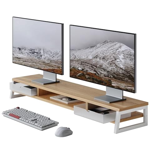 Image of Fenge Dual Monitor Stand, Monitor Riser with Drawer, 42.5 Inch Large Computer Monitor Stand for 2 Monitors, 2 Tier Wooden Desk Shelf for Top of Desk