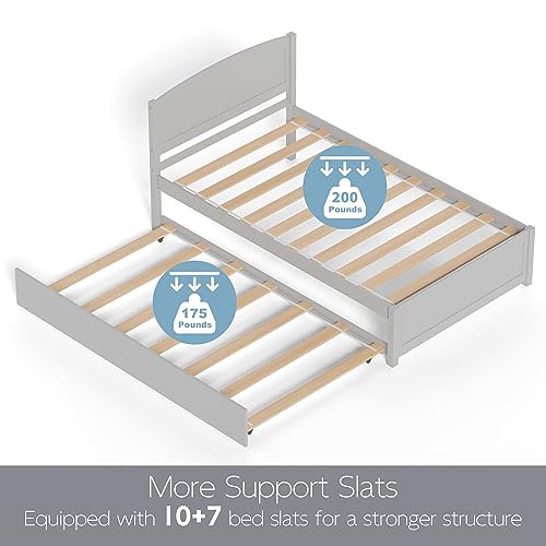 Image of Xilingol Trundle Bed Twin, Solid Wood Bed Frames with Headboard and Wooden Slats Support, Twin Trundle Bed Frame Roll Out, Single Box (No Box Spring Needed)