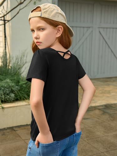 Haloumoning Girls Cross Back Shirts Kids Crewneck Puff Short Sleeve T-Shirt Cute Pleated Tops Tees 5-14 Years4