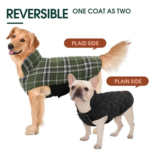 Image of Kuoser Waterproof Dog Coat, Warm Reversible Dog Jacket with Leash Hole | Soft Cozy Dog Cold Weather Coats for Rainy Snow Days, Lightweight Jacket for Large Dogs, Xmas Dogs Snowsuit Olive 3XL