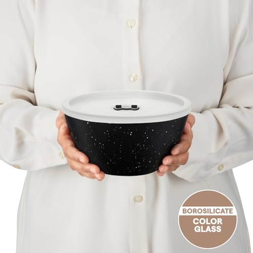 Image of Borosil 1 L Serving & Mixing Bowl with Lid | Made in India Borosilicate Glass Bowl for Kitchen & Dinning | Bowl for Mixing Dough, Salad, Batter | Microwave & Dishwasher Safe (Pebble Black)
