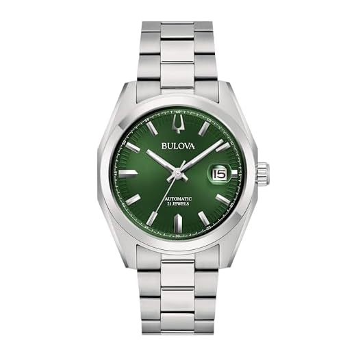 Bulova Surveyor automatic men's watch, green background, 96B429, steel case and bracelet