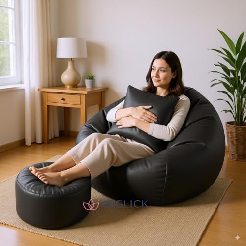 Image of 4XL Bean Bag Cover with Foot Stool & Cushion Cover | Premium PVC Leatherette | Double Stitched | 6 Months Warranty (Beans Required) Color- (Black)