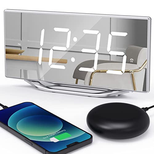 Extra Loud Alarm Clock for Heavy Sleepers, 8.7'' Large Led Digital Mirror Alarm Clock with USB Charger, Vibrating Alarm Clock with Bed Shaker, Battery Backup Snooze Dual Alarm Dimmer, for Teens Adults