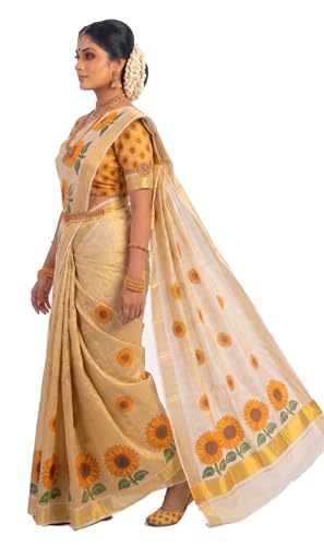 Image of Women's Mural Printed Kerala Gold Tissue Saree with Running Blouse Piece | Traditional South Indian Ethnic Saree for Festivals, Weddings & Special Occasions