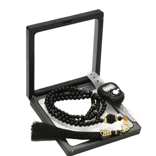 Image of Digital Tasbeeh Counter Ring with Prayer Beads, Black Beads with Gold Accents, Display Case Finger Counting Device, Suitable for Islamic Gifts Ramadan Hajj Umrah Wedding Hadiya(Random Colour)