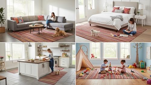 Image of Handwoven Jute Square Rug, Natural Fibres, Braided Reversible Carpet for Bedroom Living Room Dining Room (Multi, 5X7 Feet) Design 10