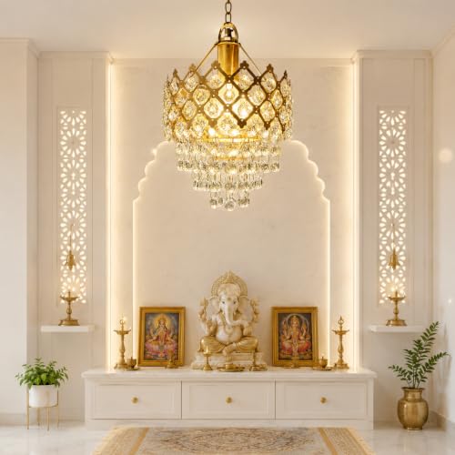 Image of Premium Gold Crystal Pendant Chandelier | Modern K9 Crystal Hanging Ceiling Light | E27 Bulb Holder | Luxury Decorative Lamp for Balcony, Bedroom, Hotel & Home Decor