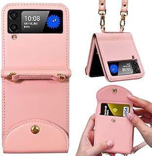 Vizvera Samsung Galaxy Z Flip 3 Case With Hinge Protection, Card Slot + PC Non-Slip Bottom Shell + Leather +Removable 1.4m Strap, Fashion Satchel for Z Flip 3 (Pink)