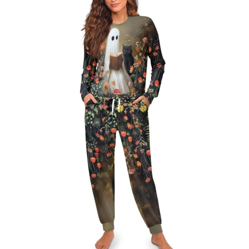 HUGS IDEA Ghostly Womens 2 Piece Lounge Set Black Cat