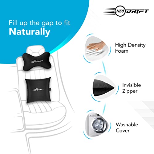 Image of Neodrift Neo-Kit - Memory Foam Neck & Back Support Velvet Pillow for Neck, Head, Shoulder & Back Pain-Relief for Car Seat, Office Chair (2 Neck Cushions, 2 Square Pillows)(Colour - Black+Silver)