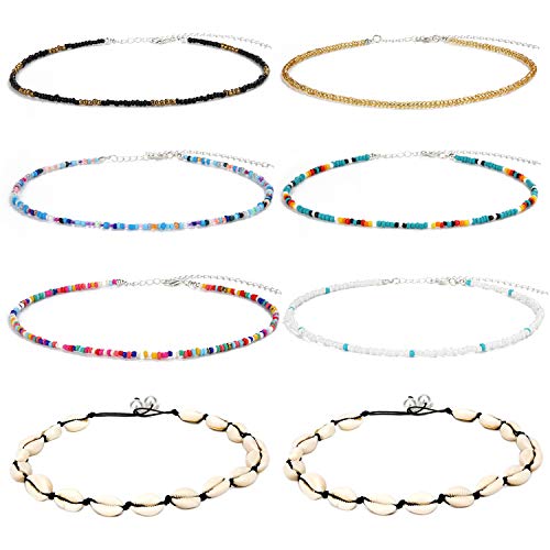 SCIONE Beaded Necklace Tiny Seed Beaded Necklace Boho Hawaiian White Rainbow Adjustable Shell Necklace for Women Girls (8)