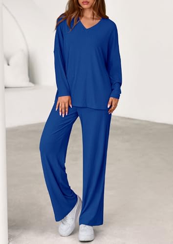 PRETTYGARDEN 2 Piece Lounge Sets for Women Fall Outfits 2025 Casual Loose Long Sleeve Tops Wide Leg Pants Matching Pajama Set
