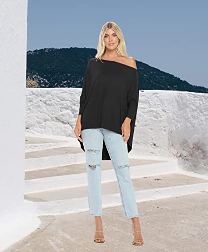 Isaac Liev Women's Tunic Top – Casual 3/4 Batwing Dolman Sleeve Off Shoulder Baggy Oversized Loose Fit Flowy T Shirt Blouse 108 Black M #TOP4