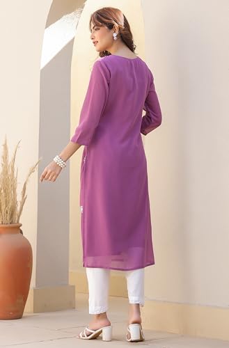 Image of Janasya Women's Georgette Regular Fit Floral Regular Kurta