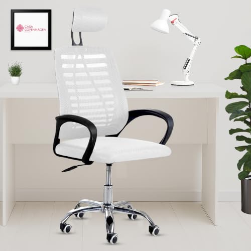 Image of Casa Copenhagen,Mesh Office Desk,Rocking Ergonomic Computer Chair Adjustable High with Headrest and Comfortable Armrest Swivel Chair - Snow White & Black Handle