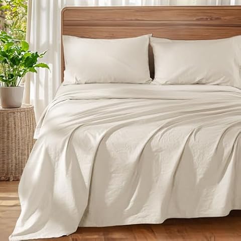 SONORO KATE Linen Sheets Set, Natural Flax Cotton Blend Sheets for All Seasons, Soft Breathable and Durable Farmhouse Bedding, Fit up to 16" - 4 PC (Linen,Queen) Cover