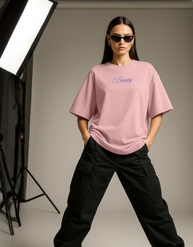 Image of Cotton Blend Oversized Baggy Fit Half Sleeve Printed Round Neck Multicolor Drop Shoulder T-Shirt for Womens & Girls (Pack of 4)