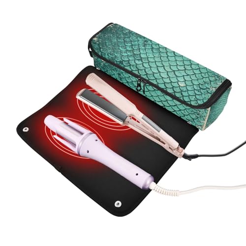 Bolsa de viaje para herramientas de cabello y tapete resistente al calor, organizador para planchas, rizadores, secador de pelo, accesorio de viaje con textura de escamas de pescado verde retro miniatura 2