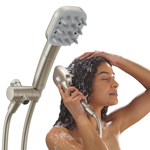 Image of Delta VersaCurl Detangling Handheld Shower Head Tool for Curly Hair with 3 Curl Defining Brush Inserts Included, Detangler Brush Hand Shower with Hose, Spotshield Brushed Nickel 74B430SN