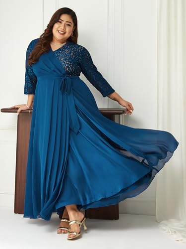Image of Miss Chase A+ Women's Floral Printed Relaxed Fit V -Neck 3 /4Th Sleeve Georgette Maxi Dress