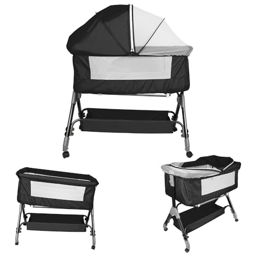 Kedia Babywiege mit Moskitonetz, Babybett & Stubenwagen & Reisebett mit Rollen, Babybett für Wiegen, höhenverstellbar, Beistellbetten (104 x 52 x 103 – 115 cm, schwarz)