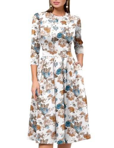 Image of Simple Flavor Women's Floral Vintage Dress Elegant Midi Evening Dress 3 /4 Sleeves