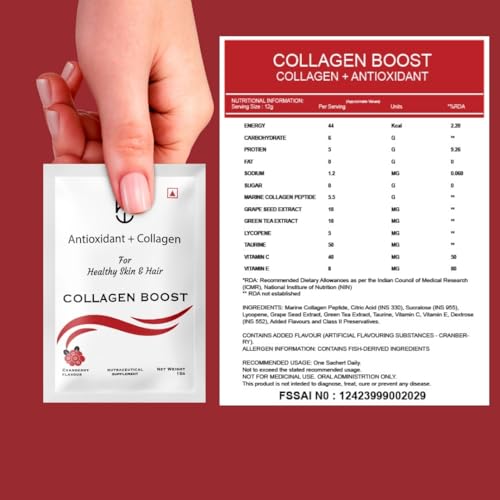 Image of B'Verge Marine Collagen Powder | 1 Sachet of Marine Collagen Powder for Men & Women | Enhances Skin Hydration, Minimizes Skin Damage, Promotes Healthy Skin, Hair, and Nails | Cranberry Flavor.