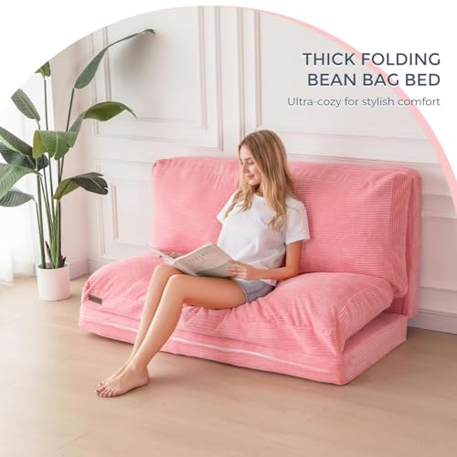 Image of MAXYOYO Folding Sofa Bed, Floor Sofa Convertible Chair with Washable Cover, Floor Couch Lounge Bean Bag Chair Bed for Living Room, Pink, 54x91 Inch