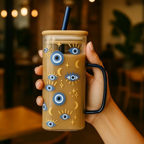 Image of FUNKYFINDS Evil Eye Glass Coffee Cup with Handle 400 ml Glass Can for Hot /Cold Beverages Cappuccino Latte Espresso Beer Hamsa Blue Evil Eye for Protection Tumbler Mug Heat-Resistant and Freezer Safe