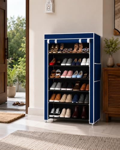 Image of 6 Layer Shoe Rack Plastic with Blue Cover | Multipurpose Plastic Shoe Rack for Home | Space Saving Foldable Shoe Stand | Storage Rack for Home, Bedroom & Entryway.