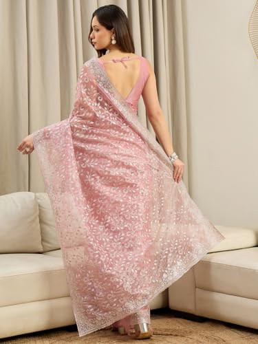 Image of AKHILAM Women's Net Embroidered Saree With Unstitched Blouse Piece
