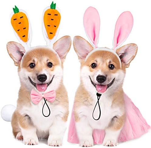Whaline 2 Sets Easter Dog Bunny Costume Carrot Rabbit Ear Pet Headband Bowtie Collar Lace Skirt Tail 6pcs White Pink Pet Easter Halloween Party Supplies for Small Medium Large Dog Cat