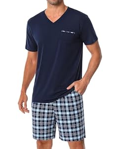 Bresdk Ensembles de Pyjama Homme Court Été Coton Manches Courtes avec Poche Poitrine Vêtements de Nuit Doux, Bleu foncé, XL