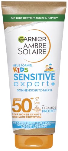 Garnier Sonnenschutzmilch mit LSF 50+ für Kinder, Sonnencreme mit sehr hohem Sonnenschutz, Anti-Austrocknung der Haut, Ambre Solaire Kids Sensitive expert+, 1 x 175 ml