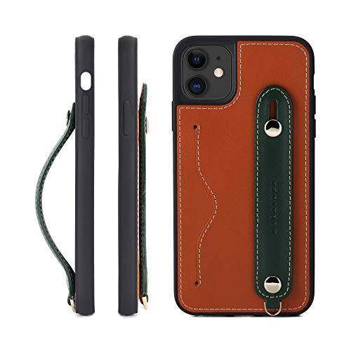 IPhone 11ProMax グリップケース レザー 本革 ストラップ付属 イタリア製牛革 ヌメ革 片手操作 カード収納 スタンド機能 メンズ レディース ブラウン/グリーン