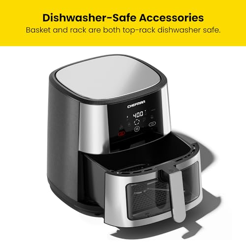 CHEFMAN Easy-View Air Fryer – 8 Qt Family Size with Viewing Window, One-Touch Digital Control with 4 Presets, Nonstick & Dishwasher Safe, Broil, Roast, Dehydrate, Bake, Auto-Shutoff, Stainless Steel
