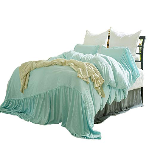 BRLMALL Microfiber Mermaid Ruffle Washed Solid Water Blue Duvet Cover Set Queen