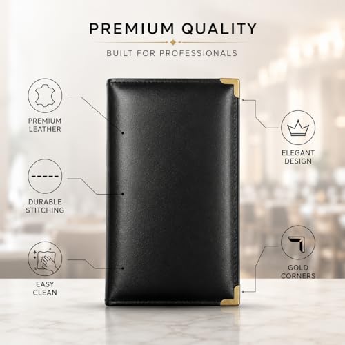 Image of Set of 6 Bill Folders with Golden Corners | Black Leatherette Menu Holder for Restaurants, Hotels & Cafes | Durable Check Presenters /Receipt Holders for Commercial Use