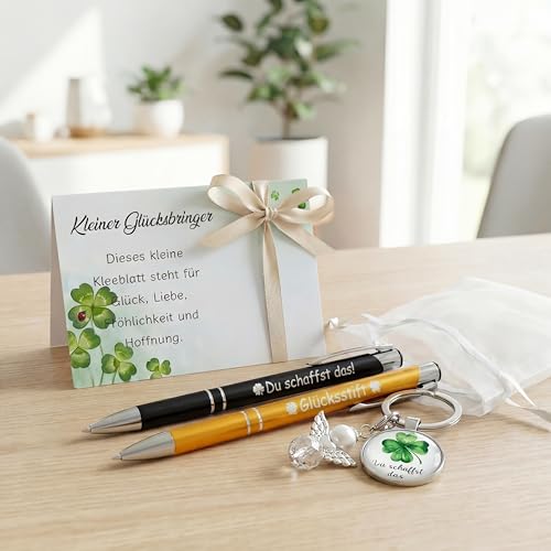 Zidoley Mutmacher Geschenk Set Du Schaffst Das Glücksbringer Kugelschreiber mit Kleeblatt Schlüsselbringer Glücksbringer Prüfung Viel Glück Geschenke zur Kommunion Konfirmation für Kollege Abschied