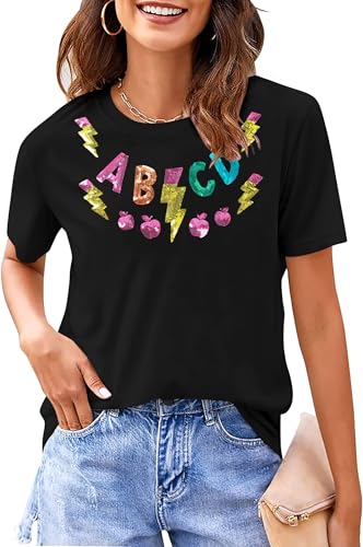 Teacher Shirt Women Teachers T-Shirt: Sequin Funny Apple Graphic Teacher T-Shirt Retro Teaching Life Gifts Tees Tops