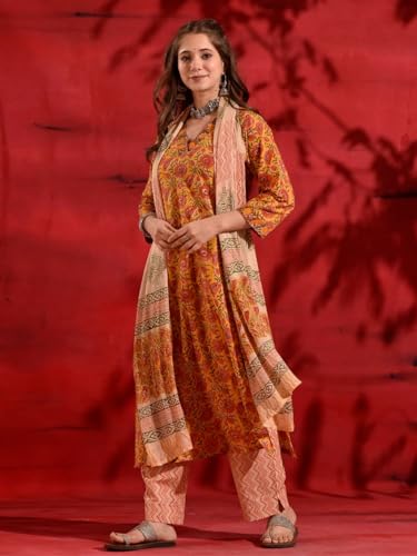 Nainvish Women's Rayon Printed Straight V-Neck Kurta Pant With Dupatta (Sd689_Kbd-L_Yellow)