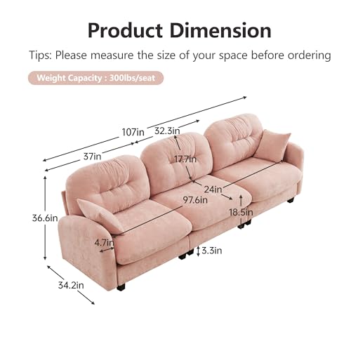 Image of KEIKI 107 inch Oversized Chenille Modular Sectional Sofa with High-Density Foam Cushion and Tufted Pleated Cushion Backrest, Upholstered Modern 3-Seater Cloud Couch with 2 Pillow, for Living Room, Pink