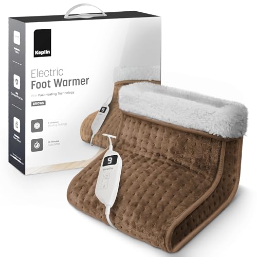 KEPLIN Electric Foot Warmer - 9 Adjustable Temperature Settings, 90-Min Auto Shut-Off Timer, Overheat & Overcurrent Protection, Soft Fleece Lining, Washable Inner Sleeves (32x28x26cm) (Brown, 1 Pack)