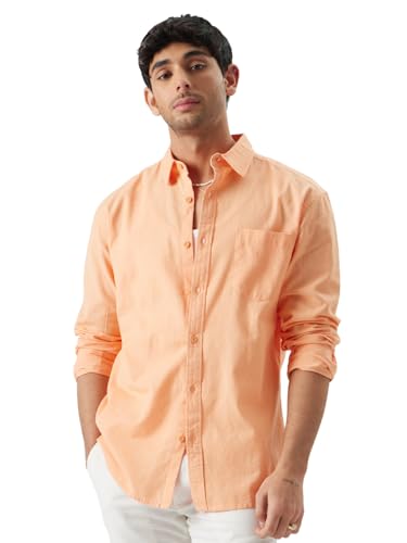 Image of The Souled Store Solid Linen: Beige Color Men and Boys Regular Outdoor Fit Full Sleeve Collared Neck Spread Collar Casual Wear Stylish Comfortable Premium Elegant Cotton Shirts
